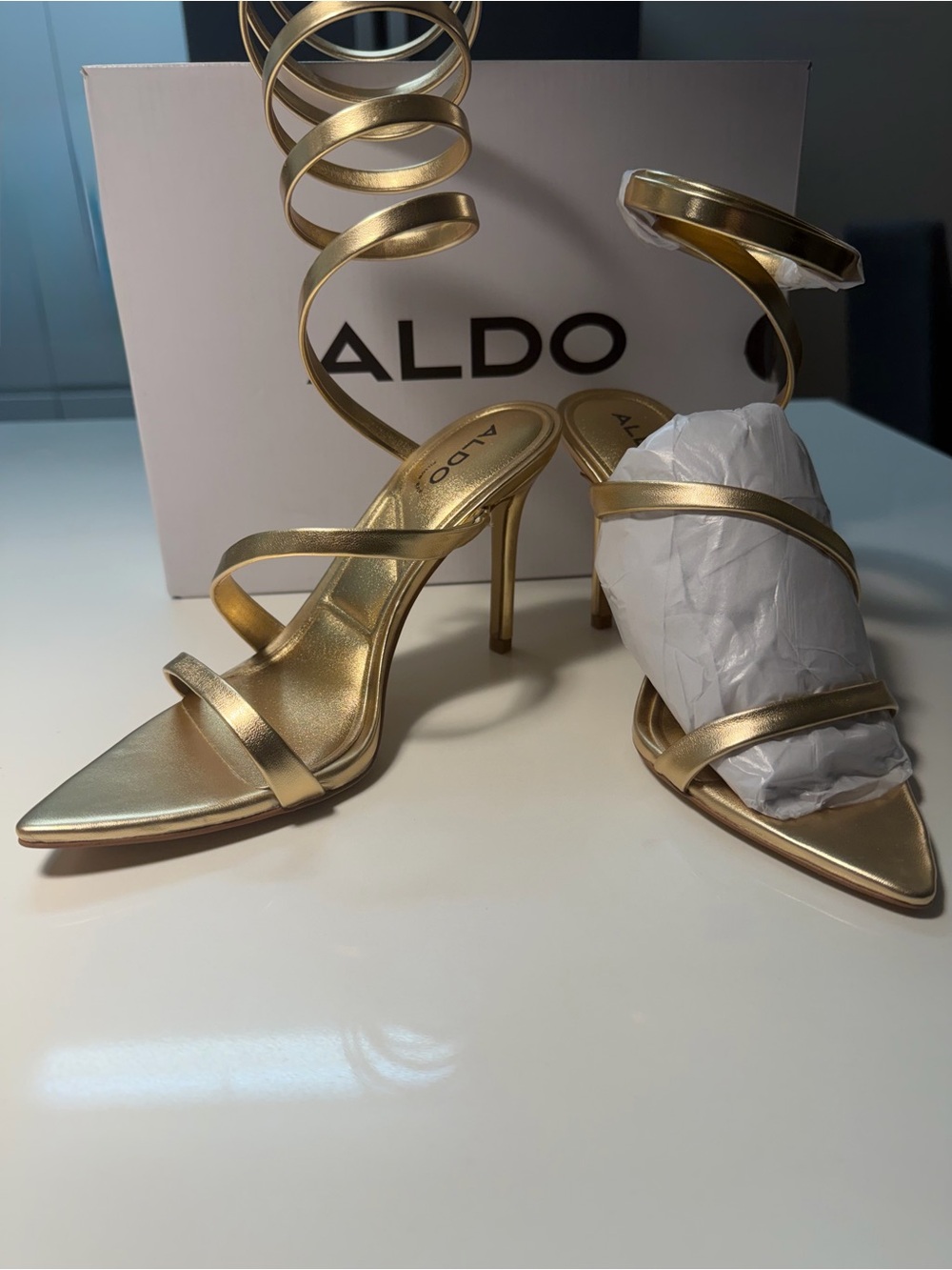 ALDO Metallic Gold Spiral Ankle-Strap Stiletto Sandals